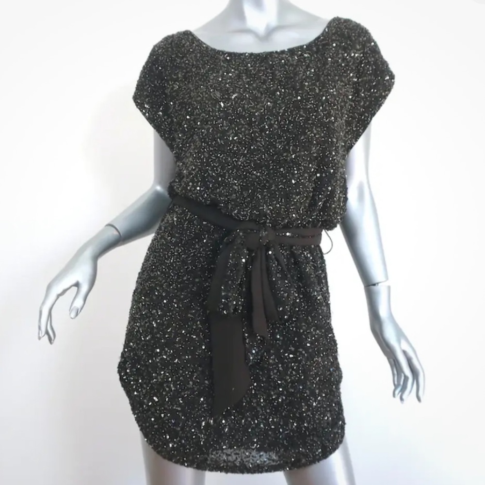 Haute Hippie Beaded Tie-Waist Mini Dress in Suntan